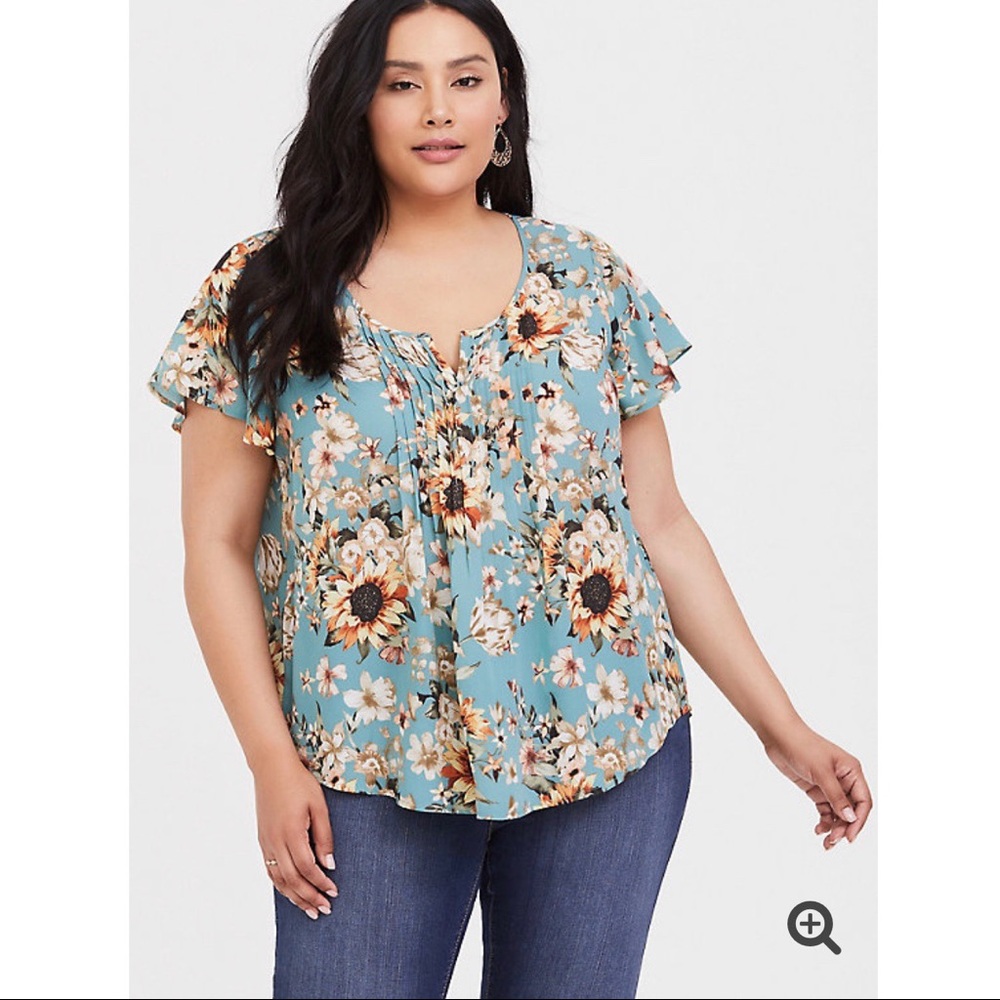 Blue Floral Georgette Pintuck Blouse